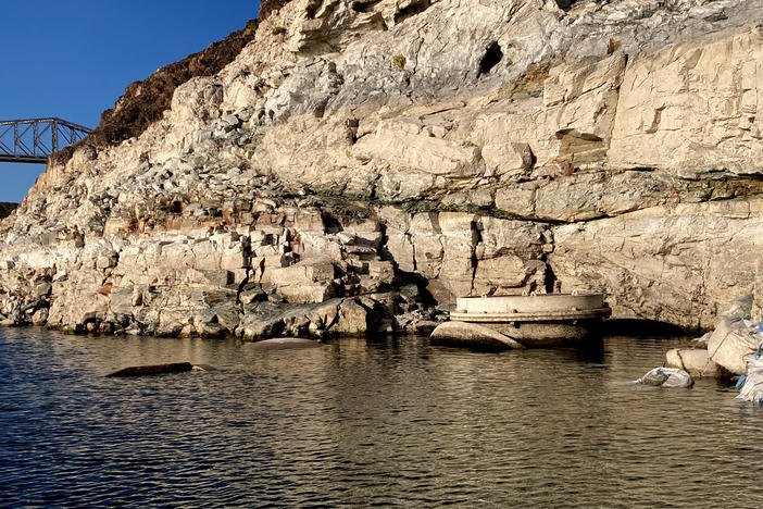 This photo taken on April 25 shows the top of Lake Mead drinking water Intake No. 1 above the surface level of the Colorado River reservoir behind Hoover Dam. The intake is the uppermost of three in the deep, drought-stricken lake that provides Las Vegas with 90% of its drinking water supply.