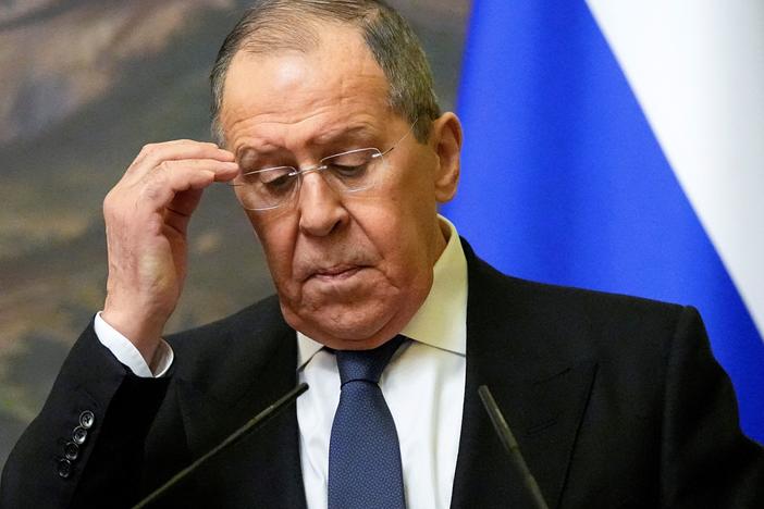 Russian Foreign Minister Sergei Lavrov attends a joint news conference following talks with his Armenian counterpart in Moscow on April 8.