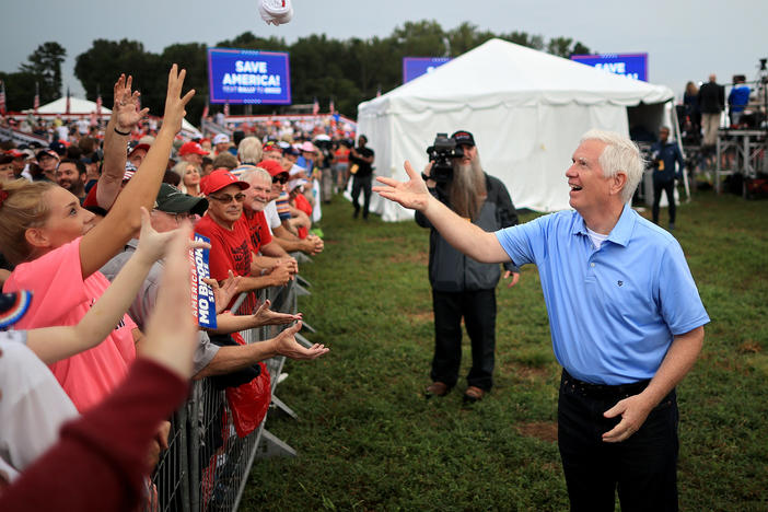 Rep. Mo Brooks greets supporters while campaigning during a "Save America" rally at York Family Farms on Aug. 21, 2021, in Cullman, Ala.