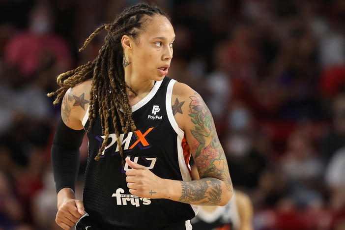 Phoenix Mercury center Brittney Griner plays during game three of the 2021 WNBA semifinals at Desert Financial Arena in Tempe, Ariz., on Oct. 3, 2021.