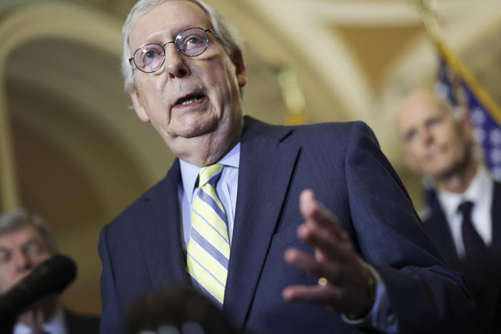 Senate Minority Leader Mitch McConnell, R-Ky., called the leak of the draft Supreme Court decision overturning <em>Roe v. Wade</em> lawless and declined to answer questions about the impact of the draft ruling.