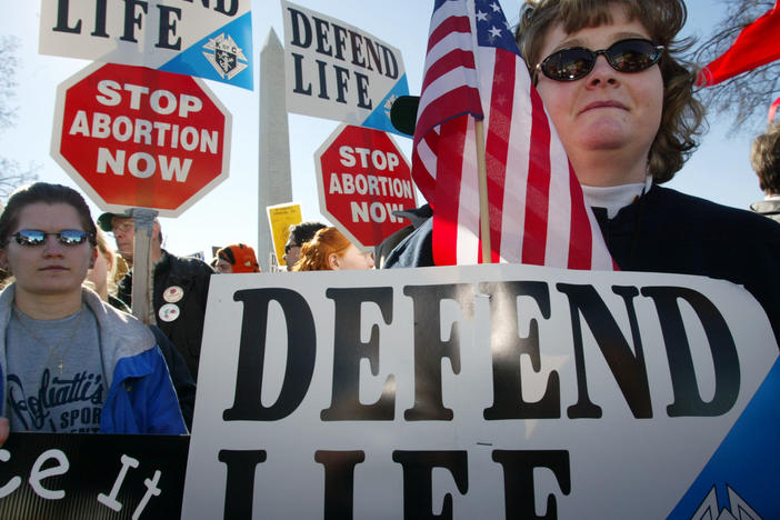 Activists Lori Gordon (R) and Tammie Miller (L) of Payne, Ohio, take part in the annual "March for Life" event January 22, 2002 in Washington, D.C.