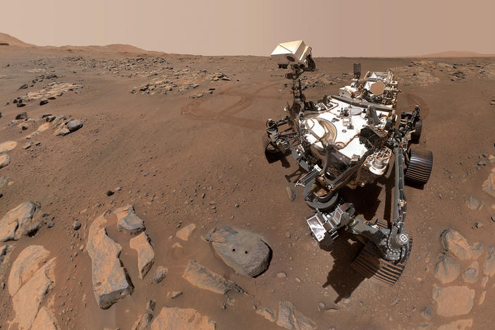 NASA's Perseverance rover took this "selfie" next to a rock where it drilled for samples. NASA wants to bring samples collected by this rover back to Earth.