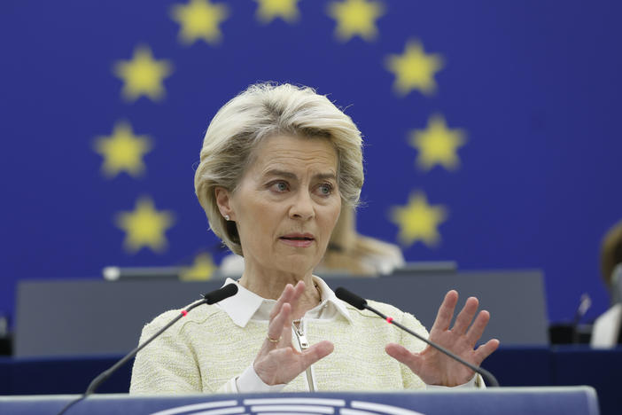 European Commission President Ursula von der Leyen delivers her speech during a debate on the social and economic consequences for the EU of the Russian war in Ukraine, Wednesday, May 4, 2022 at the European Parliament in Strasbourg, France.