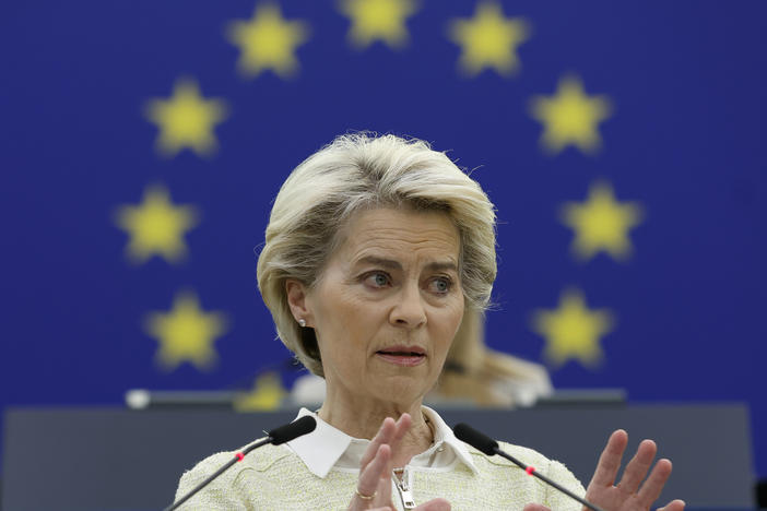 European Commission President Ursula von der Leyen speaks Wednesday at the European Parliament in Strasbourg, France.