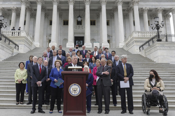 Senate Majority Whip Dick Durbin, D-Ill., speaks on Tuesday at a news conference about the leaked Supreme Court draft decision to overturn <em>Roe v. Wade</em>.