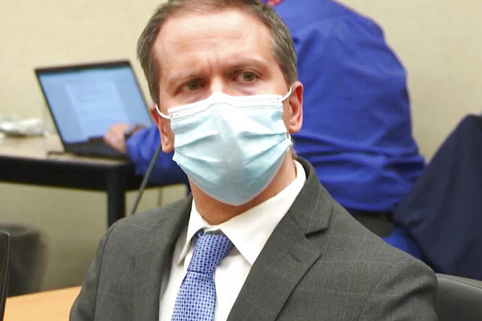 Former Minneapolis police officer Derek Chauvin at his trial for the 2020 death of George Floyd at the Hennepin County Courthouse in Minneapolis, April 20, 2021.