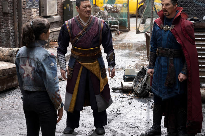 Xochitl Gomez as America Chavez, Benedict Wong as Wong, and Benedict Cumberbatch as Doctor Strange.