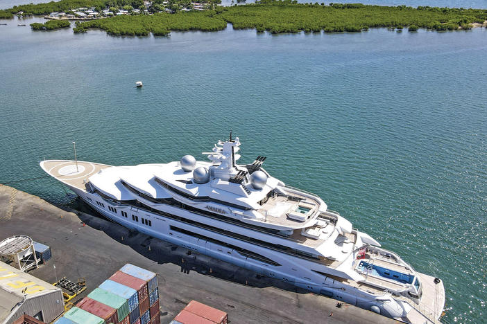 The superyacht Amadea is docked at the Queens Wharf in Lautoka, Fiji, on April 15. The vessel, which U.S. authorities say is owned by a Russian oligarch previously sanctioned for alleged money laundering, has been seized by law enforcement in Fiji, the U.S. Justice Department announced Thursday.