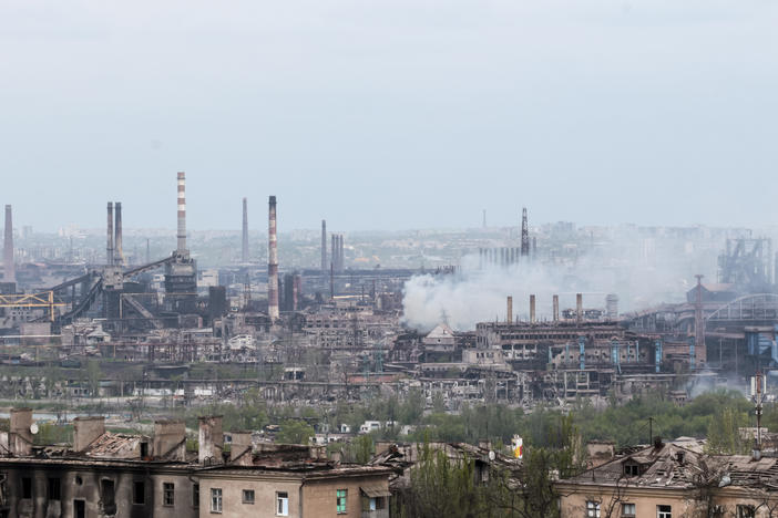 Smoke rises from the Metallurgical Combine Azovstal in Mariupol, in territory under the government of the Donetsk People's Republic, eastern in Mariupol, Ukraine, Thursday, May 5, 2022.
