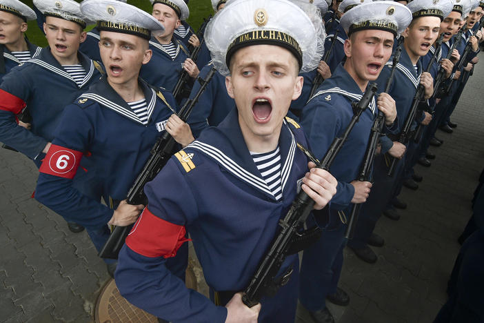 Russian navy cadets take part in a rehearsal for the Victory Day military parade in Sevastopol, Crimea, on May 5. The parade will take place there on May 9 to celebrate the Soviet Union's defeat of Nazi Germany in World War II.