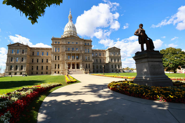 The Michigan State Capitol building is seen on Oct. 8, 2020, in Lansing. A Michigan law from 1931 would make abortion a felony in the state if the <em>Roe v. Wade</em> decision is overturned.
