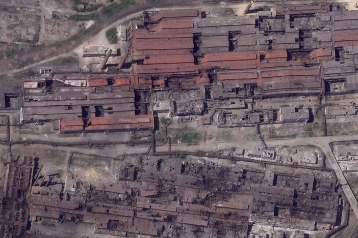 This satellite image taken by Planet Labs PBC shows damage at the Azovstal steelworks in Mariupol, Ukraine, on Friday.