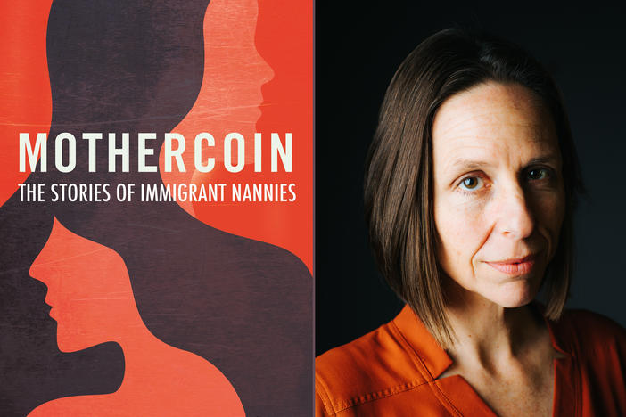 The cover of Mothercoin next to the author.