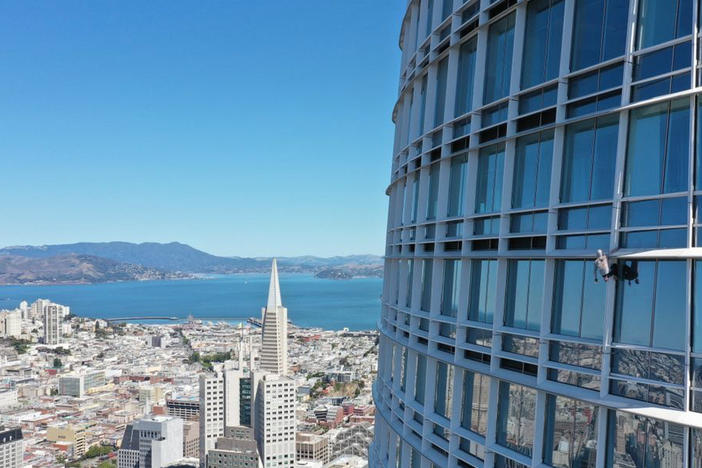Maison Des Champs climbed Salesforce Tower in San Francisco last Tuesday morning. He is climbing buildings across the country to raise money for groups that work to convince women to not have abortions.
