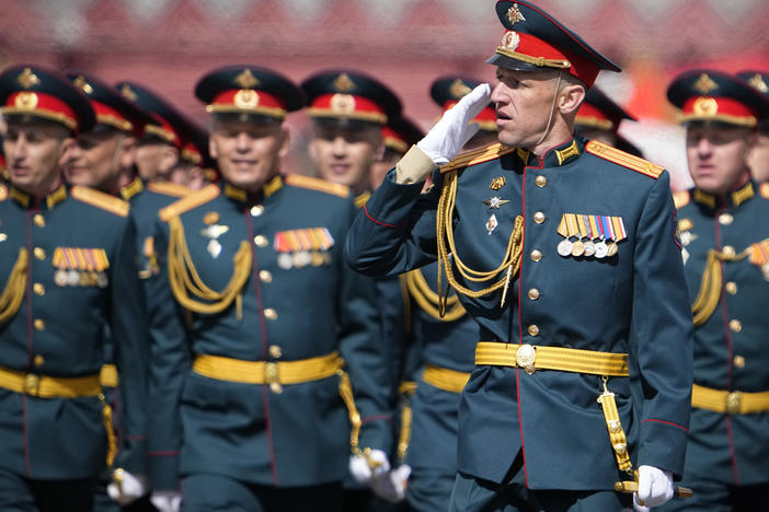 Russian servicemen march during the Victory Day military parade in Moscow, Russia, Monday marking the 77th anniversary of the end of World War II.