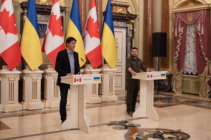 Ukrainian President Volodymyr Zelensky, right, and Canadian Prime Minister Justin Trudeau hold a joint news conference Sunday in Kyiv, Ukraine. Earlier in the day, Trudeau visited the suburb of Irpin to look at devastation left in the wake of Russia's invasion.