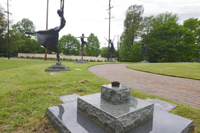 The base where the Marjorie Tallchief sculpture once stood is seen outside the Tulsa Historical Society on May 2 in Tulsa, Okla.