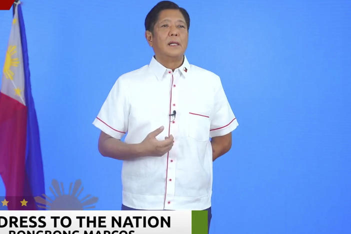 In this image from video posted on the Bongbong Marcos Facebook page, presidential candidate and former senator Ferdinand Marcos Jr. issues a statement to the media on Monday in Manila, Philippines.