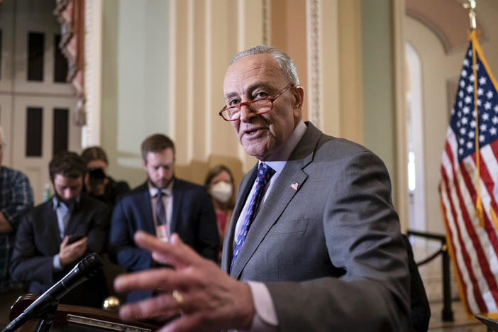 Senate Majority Leader Chuck Schumer answers questions from reporters on Capitol Hill ahead of a planned vote Wednesday on the Women's Health Protection Act.