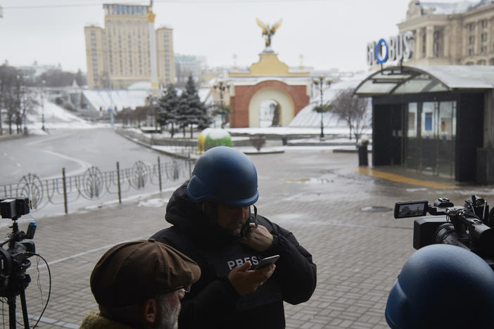 Journalists conduct interviews on the doorstep of an hotel on Maidan Square on March 1, 2022 in Kyiv, Ukraine. The Pulitzer Prize Board is honoring the courage and commitment of Ukranian journalists.