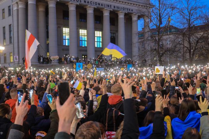 Demonstrators protest the Russian invasion of Ukraine at Independence Square in front of the Parliament Palace in Vilnius, Lithuania, on March 24, 2022. Lithuania's parliament has since declared Russia a perpetrator of terrorism and genocide.