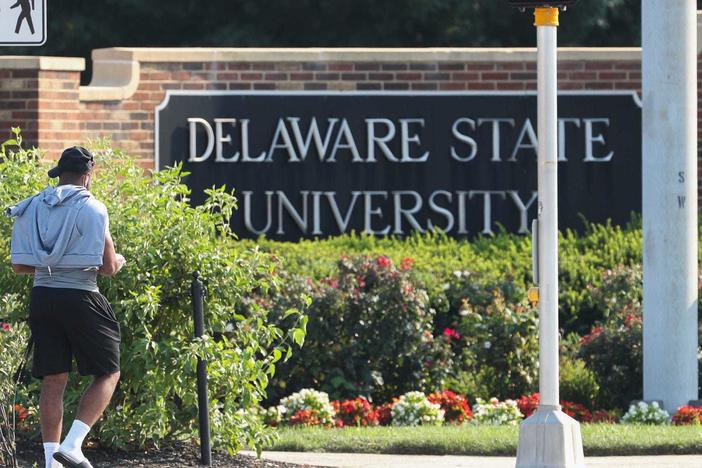 Delaware State University students enter the Dover campus.