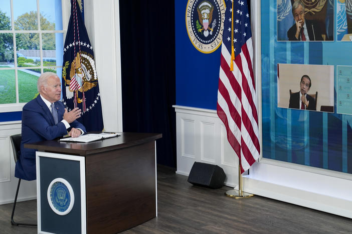 President Joe Biden speaks at the virtual Global COVID-19 Summit on Sept. 22, 2021, in Washington, D.C. On May 12, the White House will host the second Global COVID-19 Summit.