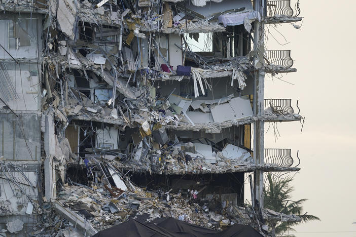 A section of rubble at the Champlain Towers South condo building on July 4, 2021 in Surfside, Fla.