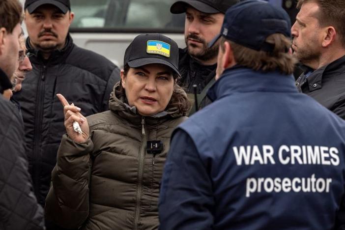 Ukraine Prosecutor General Iryna Venediktova visits a mass grave in Bucha, on the outskirts of Kyiv, on April 13
