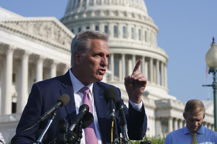 House Minority Leader Kevin McCarthy, R-Calif., joined at right by Rep. Jim Jordan, R-Ohio, on July 27, 2021. The House select committee on the Jan. 6 attack on the Capitol has issued subpoenas for both lawmakers, as well as other House Republicans.