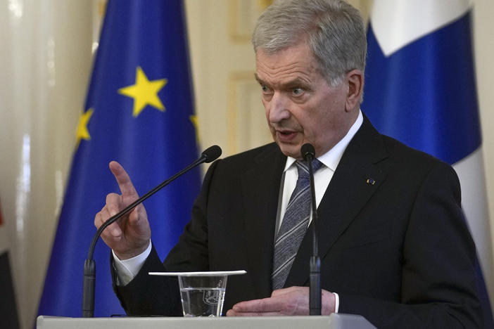 Finland's President Sauli Niinisto makes a point during a joint press conference with British Prime Minister Boris Johnson, at the Presidential Palace in Helsinki, Finland, Wednesday, May 11, 2022.