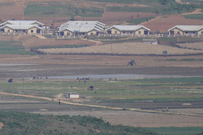 North Korea's Kaepoong town is seen from the unification observatory in Paju, South Korea, Thursday, May 12, 2022.