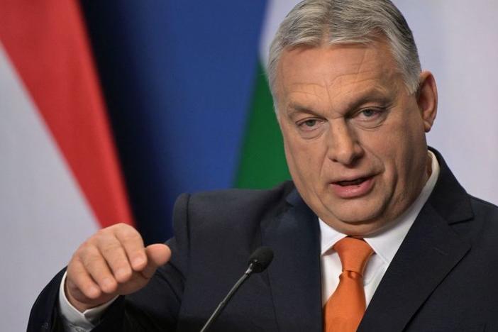 Hungarian Prime Minister Viktor Orban gives his an international press conference April 6, days after his FIDESZ party won the parliamentary election, in the Karmelita monastery housing the prime minister's office in Budapest.