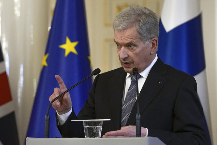 Finland's President Sauli Niinisto speaks during a press conference with British Prime Minister Boris Johnson at the Presidential Palace on Wednesday in Helsinki, Finland. Niinisto and Finland's Prime Minister Sanna Marin said Thursday in a joint statement that Finland must apply for NATO membership without delay.