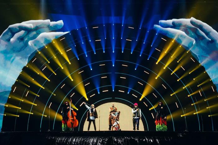 Kalush Orchestra, the Ukrainian band favored to win Eurovision, performing during the semifinals.