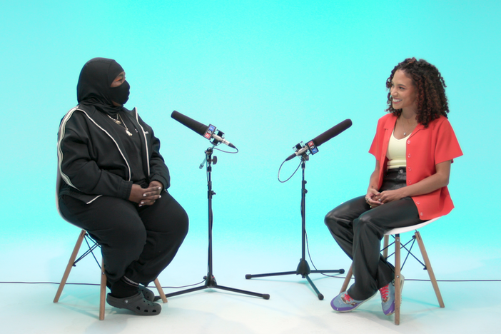 Leikeli47 (left) speaks with NPR's Sidney Madden about how <em>Shape Up </em>tracks the rapper's learning process to embody the confidence she so often preaches onstage to others.
