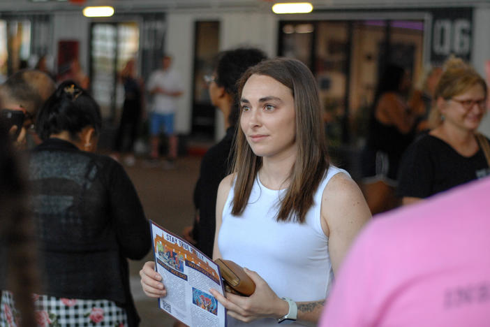 Alexandra Hunt listens to the concerns of Philadelphians during a rally in support of Philly students at the Cherry Street Pier in Pennsylvania on July 16, 2021.