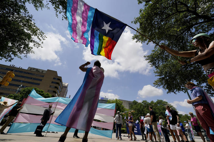 Demonstrators gather on the steps to the State Capitol to speak against transgender-related legislation bills being considered in the Texas Senate and Texas House in May 2021 in Austin, Texas.