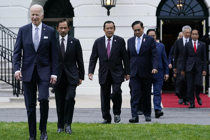 President Joe Biden and leaders from the Association of Southeast Asian Nations arrive for a group photo on the South Lawn of the White House in Washington, Thursday, May 12, 2022.