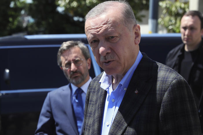 Turkish President Recep Tayyip Erdogan speaks to the media after Friday prayers in Istanbul, Turkey on Friday.