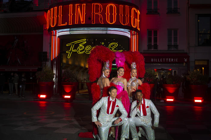 Moulin Rouge dancers perform at the 130th Anniversary Le Moulin Rouge celebration on October 6, 2019 in Paris, France.