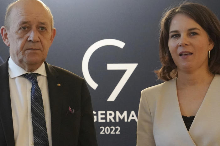 Annalena Baerbock, Foreign Minister of Germany, welcomes Jean-Yves Le Drian, Foreign Minister of France, for bilateral talks at the Schlossgut during the the summit of foreign ministers of the G7 Group of leading democratic economic powers at the Weissenhaus resort in Weissenhaeuser Strand, Germany, Friday, May 13, 2022.