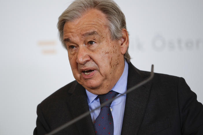 Antonio Guterres, the secretary-general of the United Nations, addresses the media during a press conference at the Federal Chancellery, Vienna, Austria, Wednesday, May 11, 2022.
