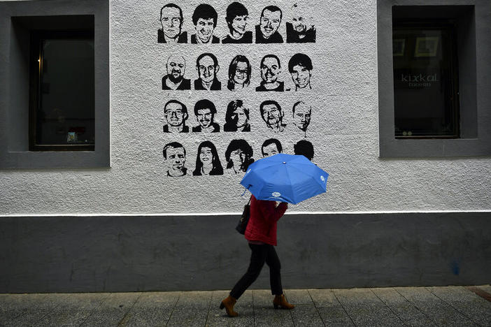 A wall painted with portraits of prisoners of the Basque separatist armed group ETA, in the small village of Hernani, northern Spain, on May 2, 2018.