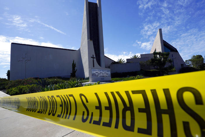 Crime scene tape on Sunday at Geneva Presbyterian Church in Laguna Woods, Calif., after a fatal shooting.