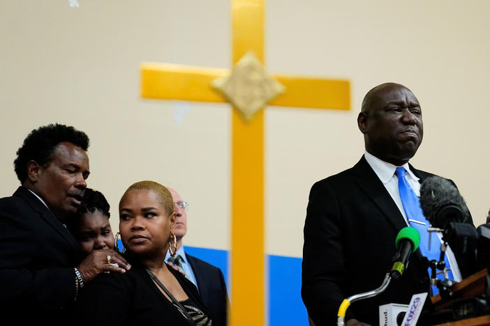 Attorney Benjamin Crump, accompanied by the family of Ruth Whitfield, a victim of shooting at a supermarket, speaks with members of the media during a news conference in Buffalo, N.Y., on Monday.