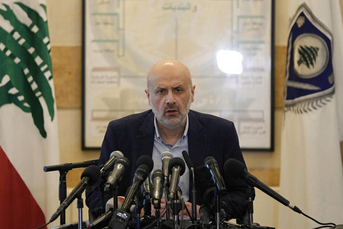 Lebanese Interior Minister Bassam Mawlawi speaks during a press conference about Sunday's parliamentary elections, at the interior ministry in Beirut, Lebanon, on Monday.