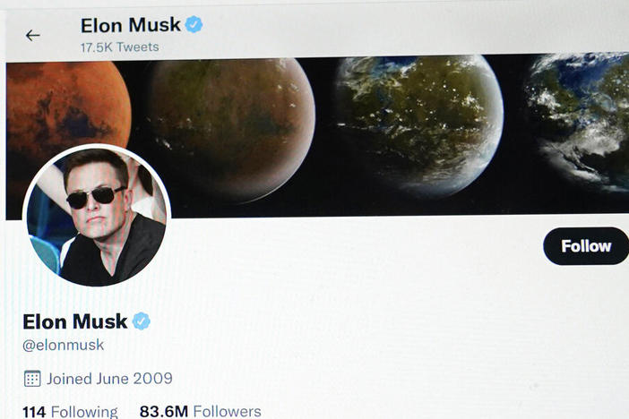 Part of the Twitter page of Elon Musk is seen on the screen of a computer in Sausalito, Calif., in April.