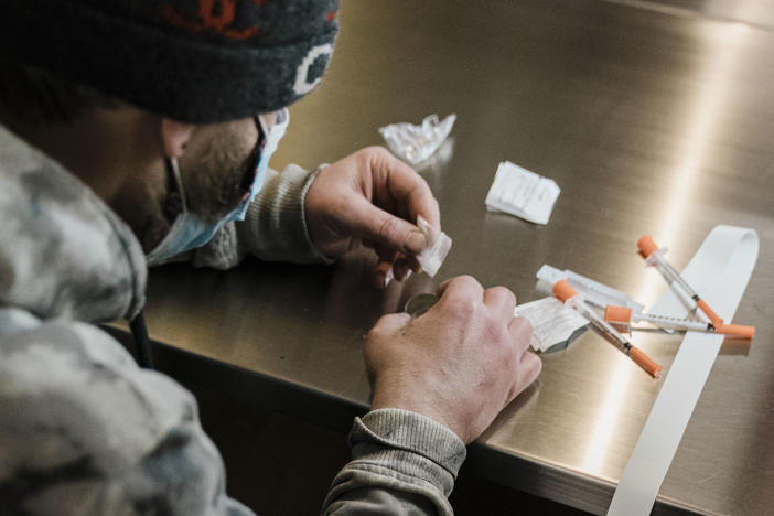 A man uses a safe injection site in New York City in January. A bill in California would allow pilot sites in San Francisco, Oakland and Los Angeles.